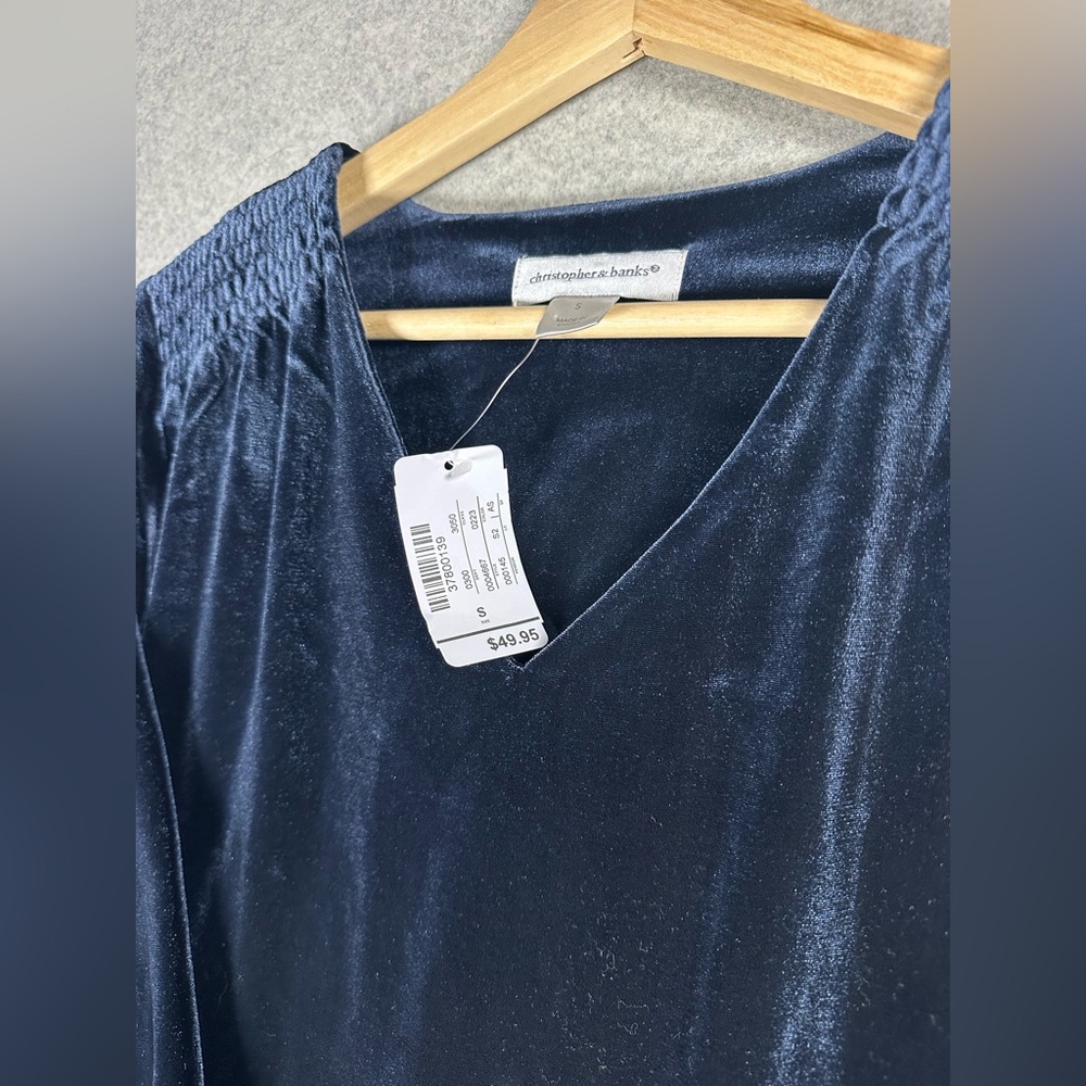 Christopher & Banks Navy Velvet V-Neck Long Sleeve Blouse - Picture 3 of 6